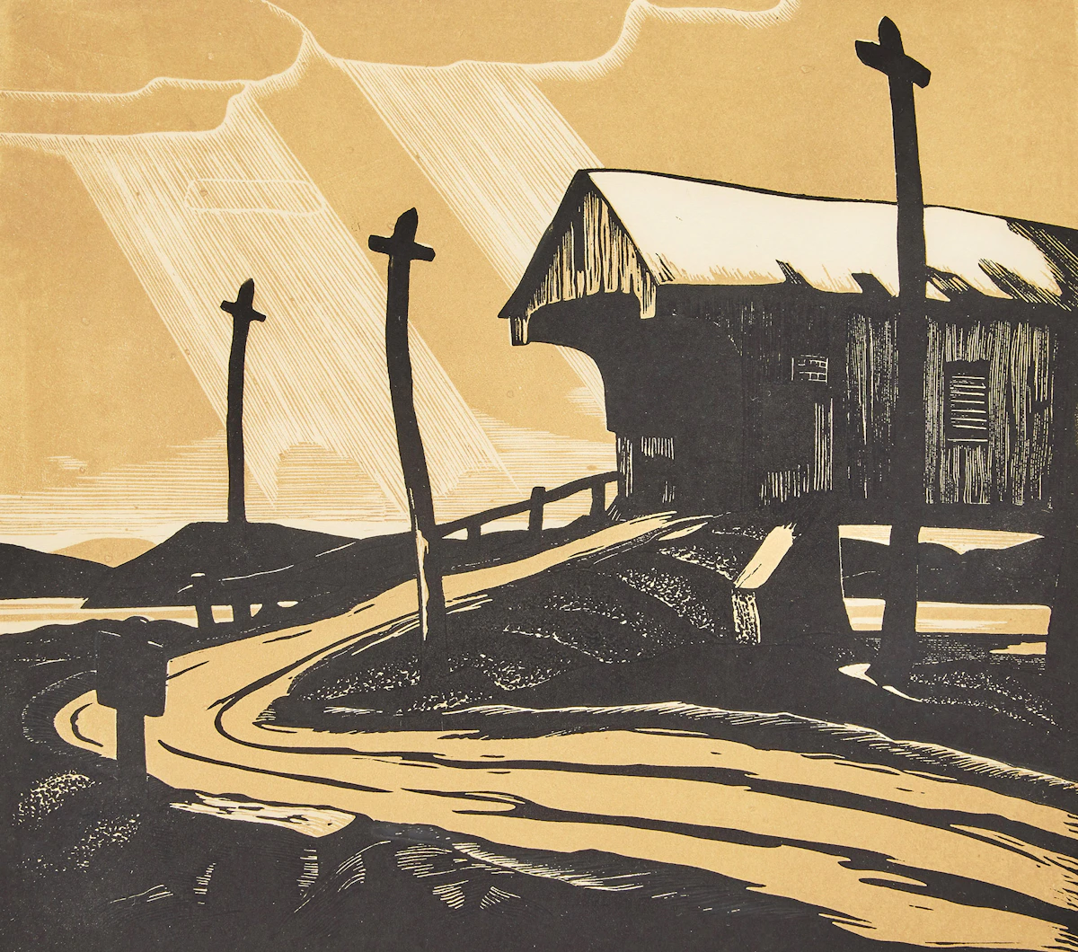 Leonard Hutchinson, Covered Bridge (Montrose), woodcut in colours