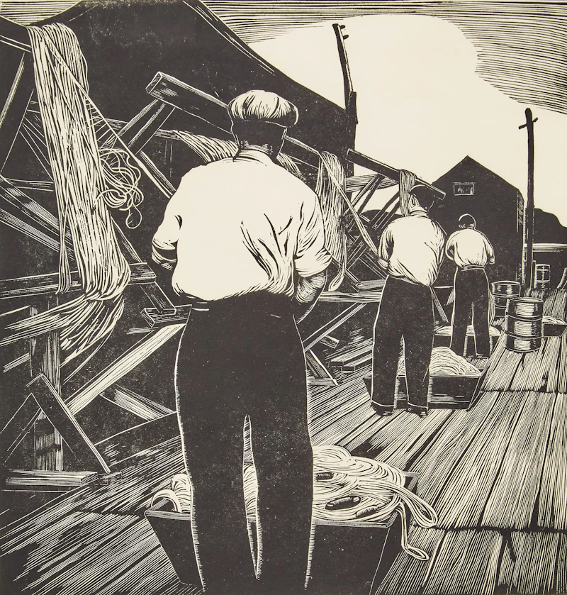 Leonard Hutchinson, Mending Nets; Cayuga Sunlight, 2 woodcut prints