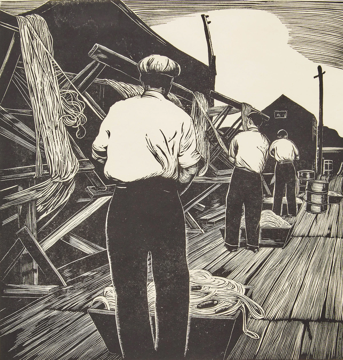 Leonard Hutchinson, Mending Nets; Cayuga Sunlight, 2 woodcut prints