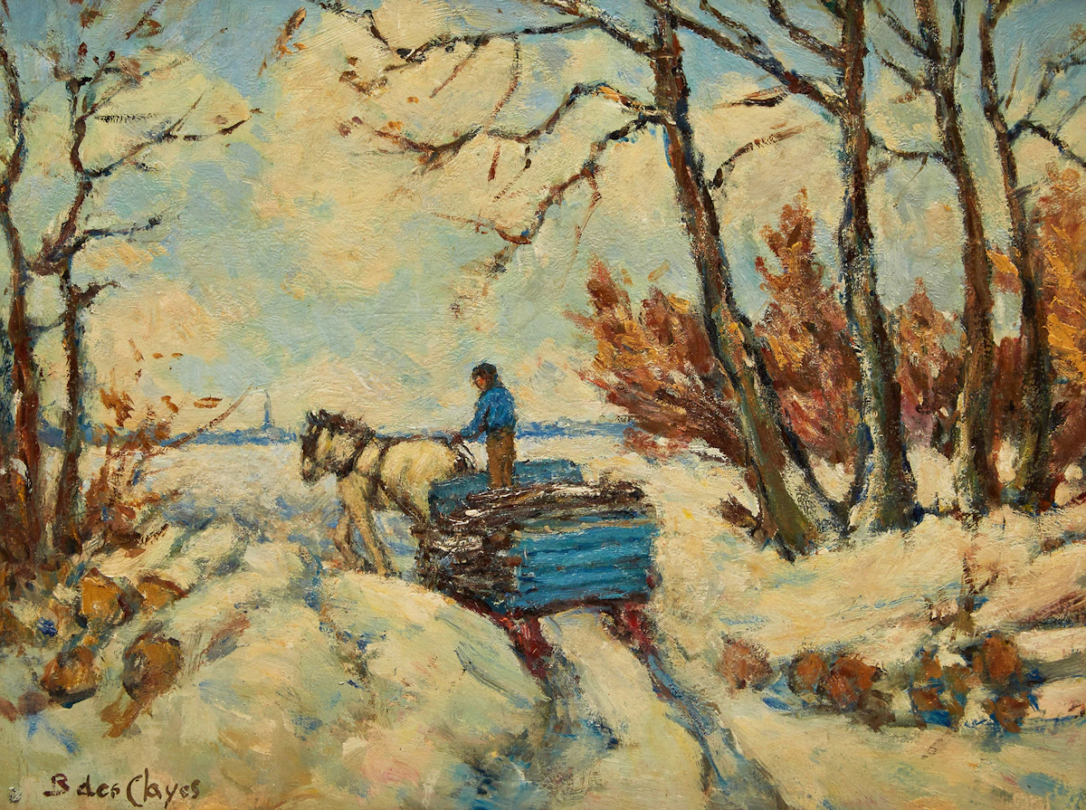 Berthe Des Clayes, The Blue Sleigh (Hauling wood at the Saw Mill) , oil on board