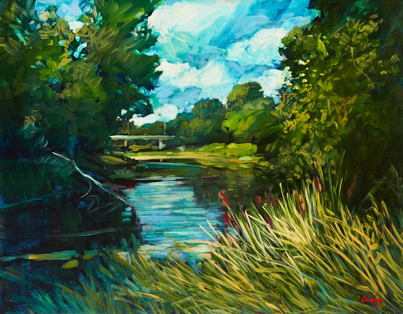 Philip Craig, River Landscape with Bridge, oil on canvas
