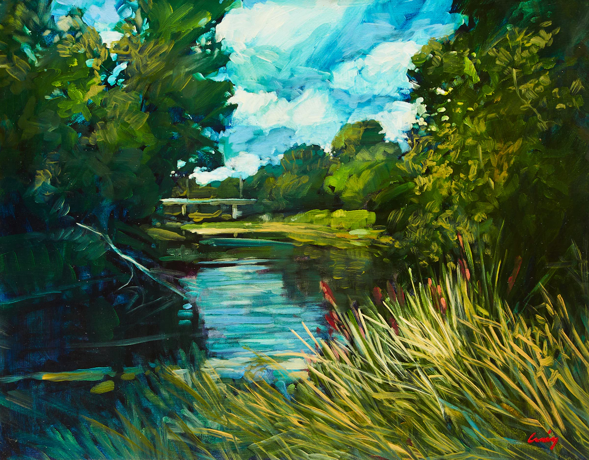 Philip Craig, River Landscape with Bridge, oil on canvas