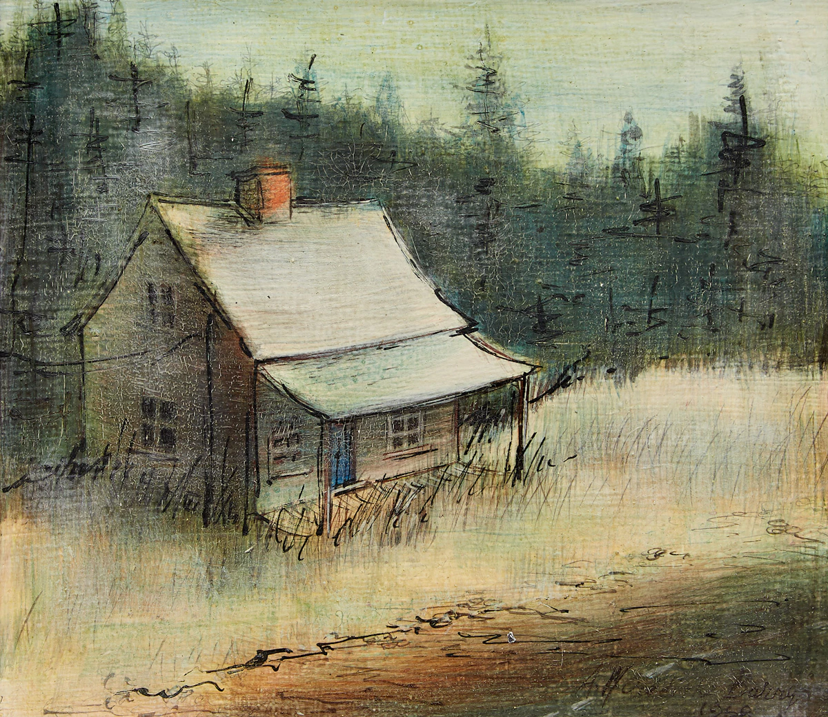 Anne Meredith Barry, House by the Highway (Near Métis-sur-Mer, Gaspé, P.Q.); Gaspé Fall Grass, two egg tempera paintings on canvas