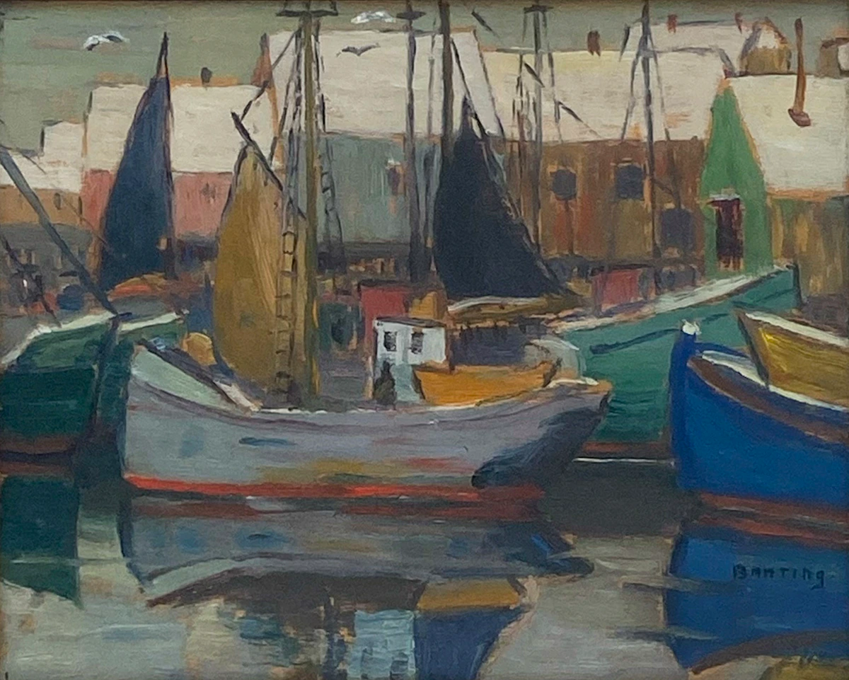 Frederick Grant Banting, Ships in Harbour, Gloucester, Mass., oil on board, 1932