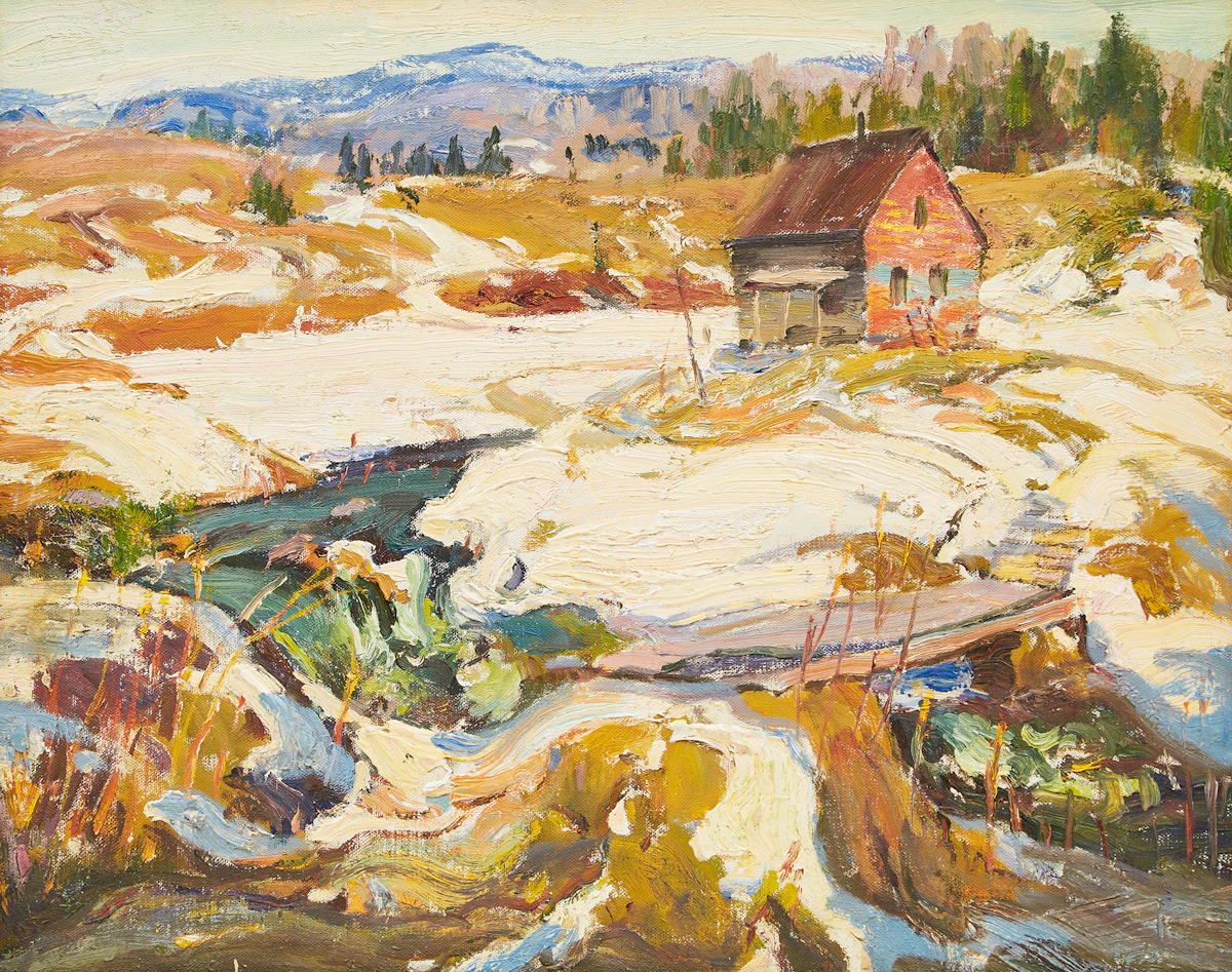 George Paginton, Winter Landscape with Farm House, oil on canvas board, circa 1970