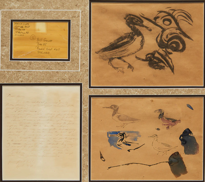 Arthur Lismer, Two Sketches of Ducks with Accompanying Letter, two inks and watercolour on paper