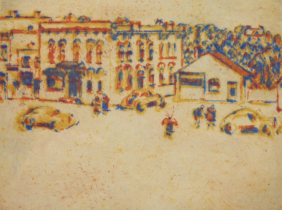 David Brown Milne, Main Street, Uxbridge, drypoint etching, 1942