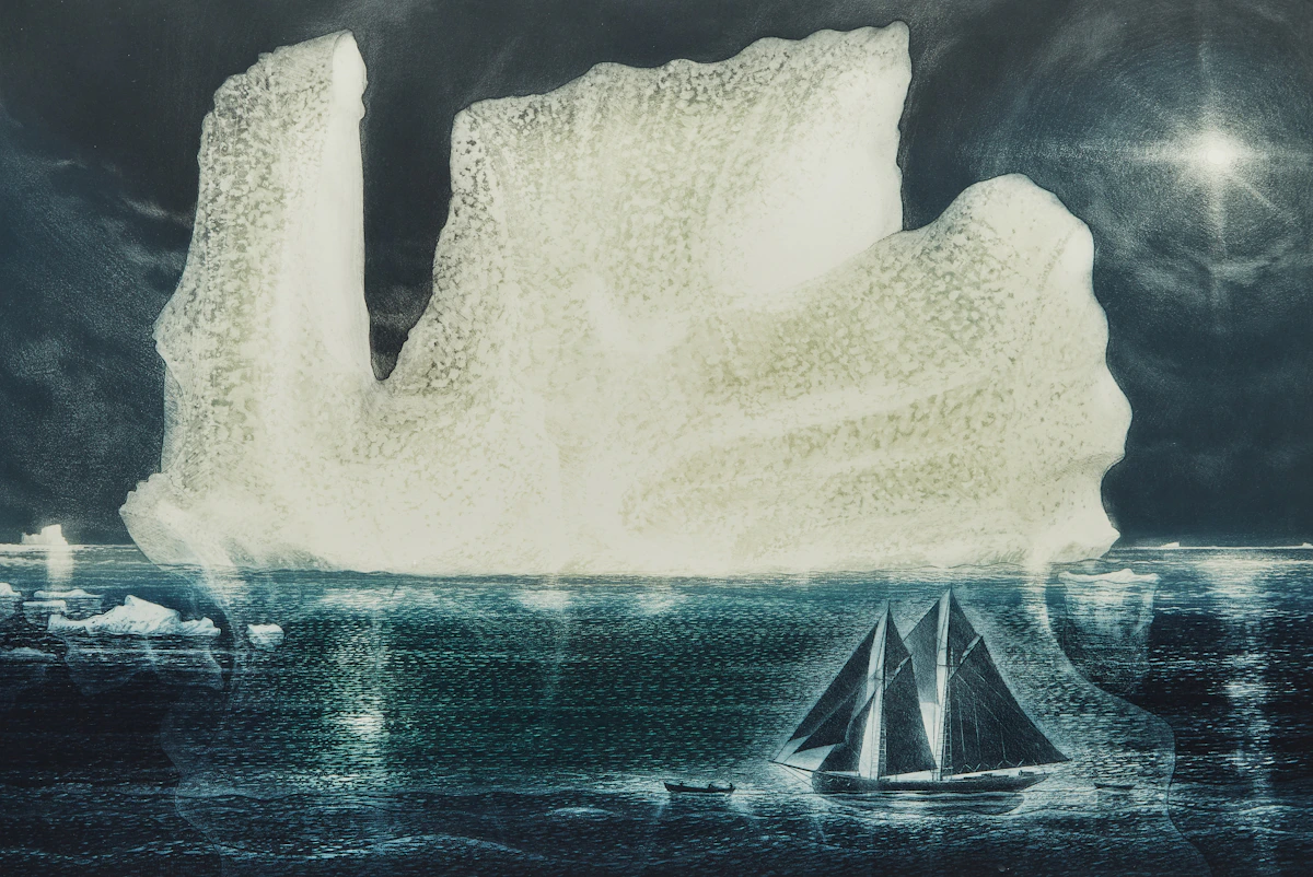 David Lloyd Blackwood, Down on the Labrador, Towing the Nickerson, colour etching & aquatint, 2004