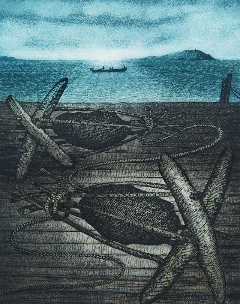 David Lloyd Blackwood, Two Killicks on a Stage Head, Wesleyville, etching and aquatint in colours