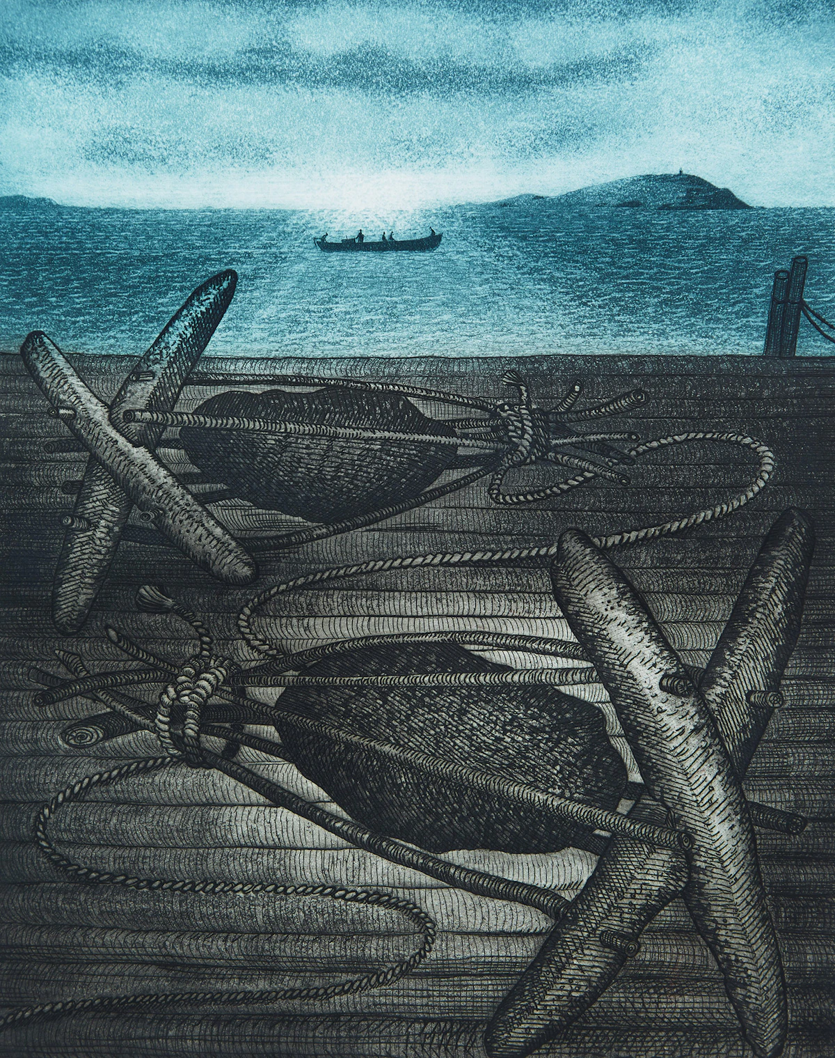 David Lloyd Blackwood, Two Killicks on a Stage Head, Wesleyville, etching and aquatint in colours, 1985