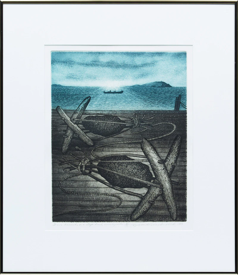 David Lloyd Blackwood, Two Killicks on a Stage Head, Wesleyville, etching and aquatint in colours, 1985 - view 2