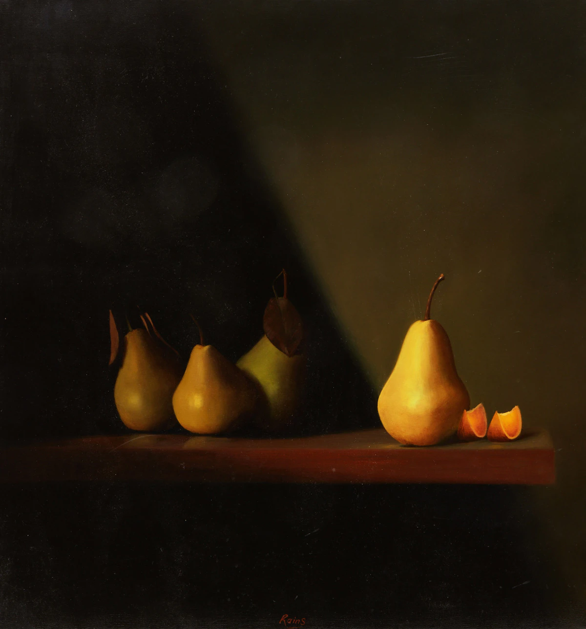 Malcolm Rains, Four Pears on a Shelf, oil on canvas, 1993