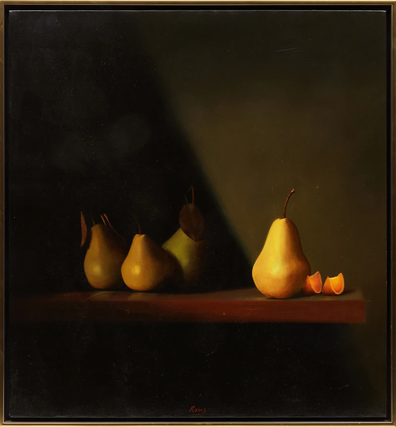 Malcolm Rains, Four Pears on a Shelf, oil on canvas, 1993 - view 2