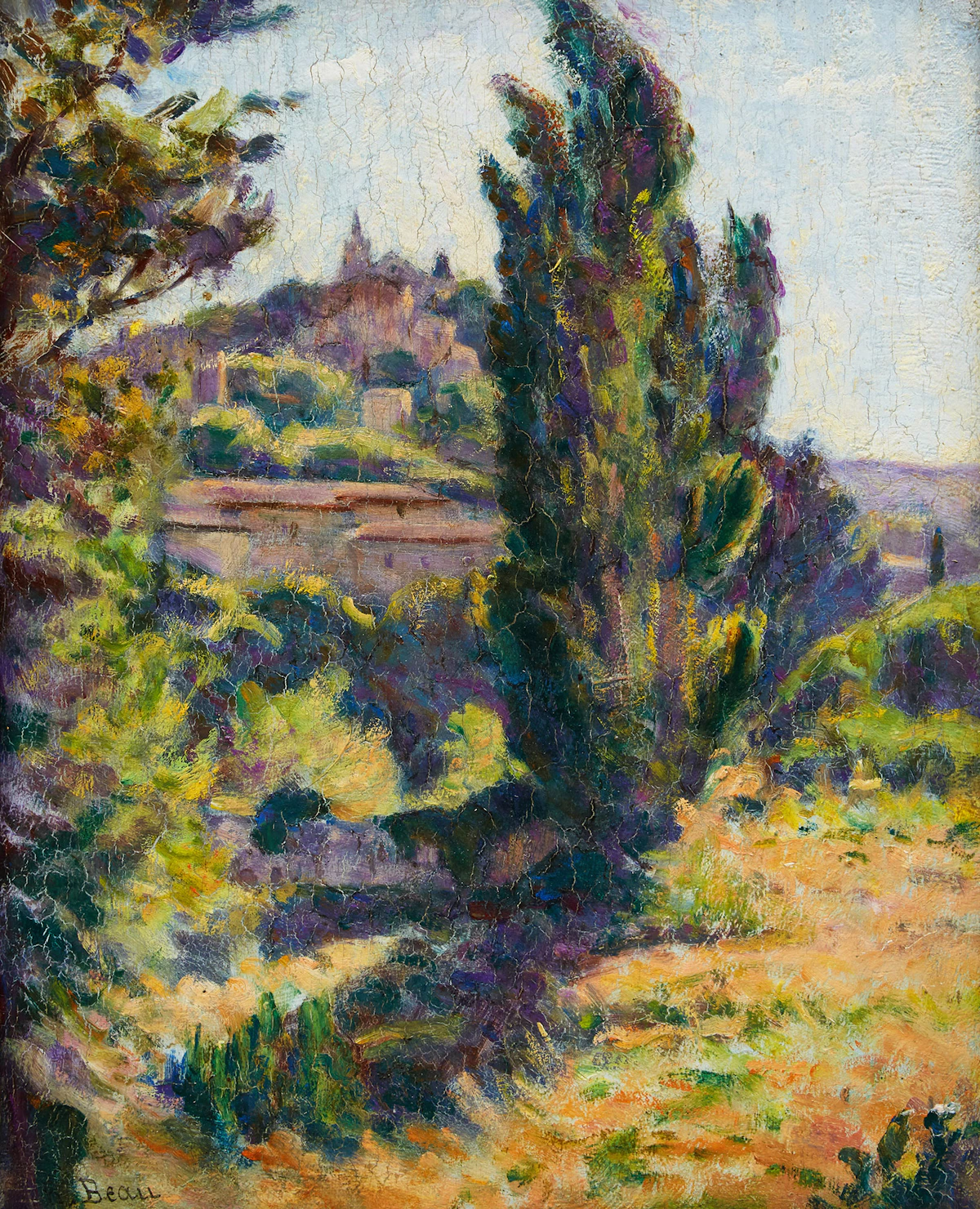 Henri Beau, Paysage au cyprès, oil on wood panel