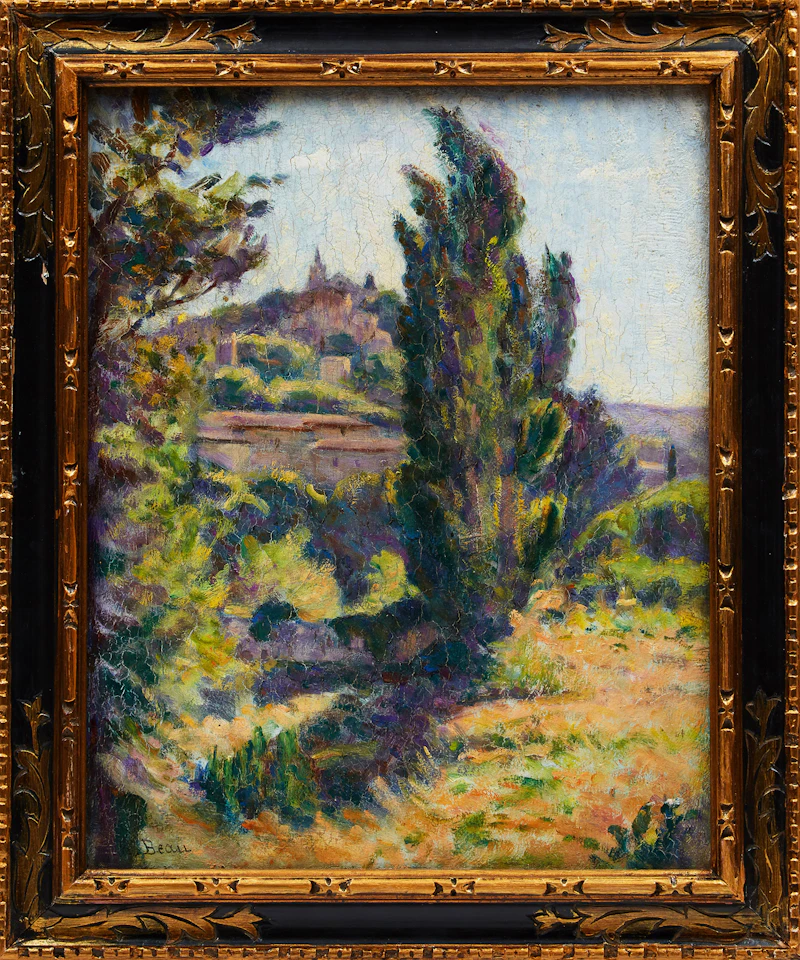 Henri Beau, Paysage au cyprès, oil on wood panel - view 2