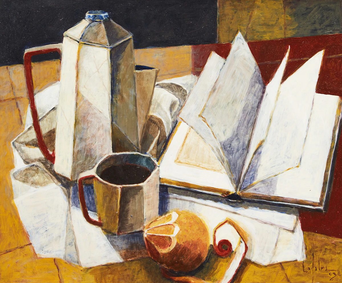 Pierre Lefebvre, Dejeuner et livre, oil on board, 2003