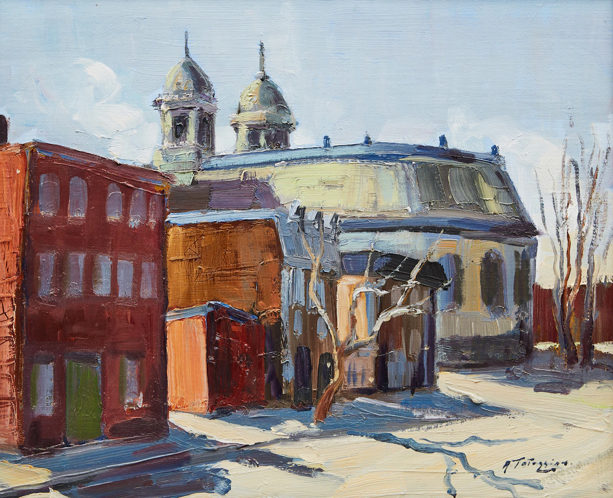 Armand Tatossian, Church Near Workman, Montreal, oil on canvas, 1995