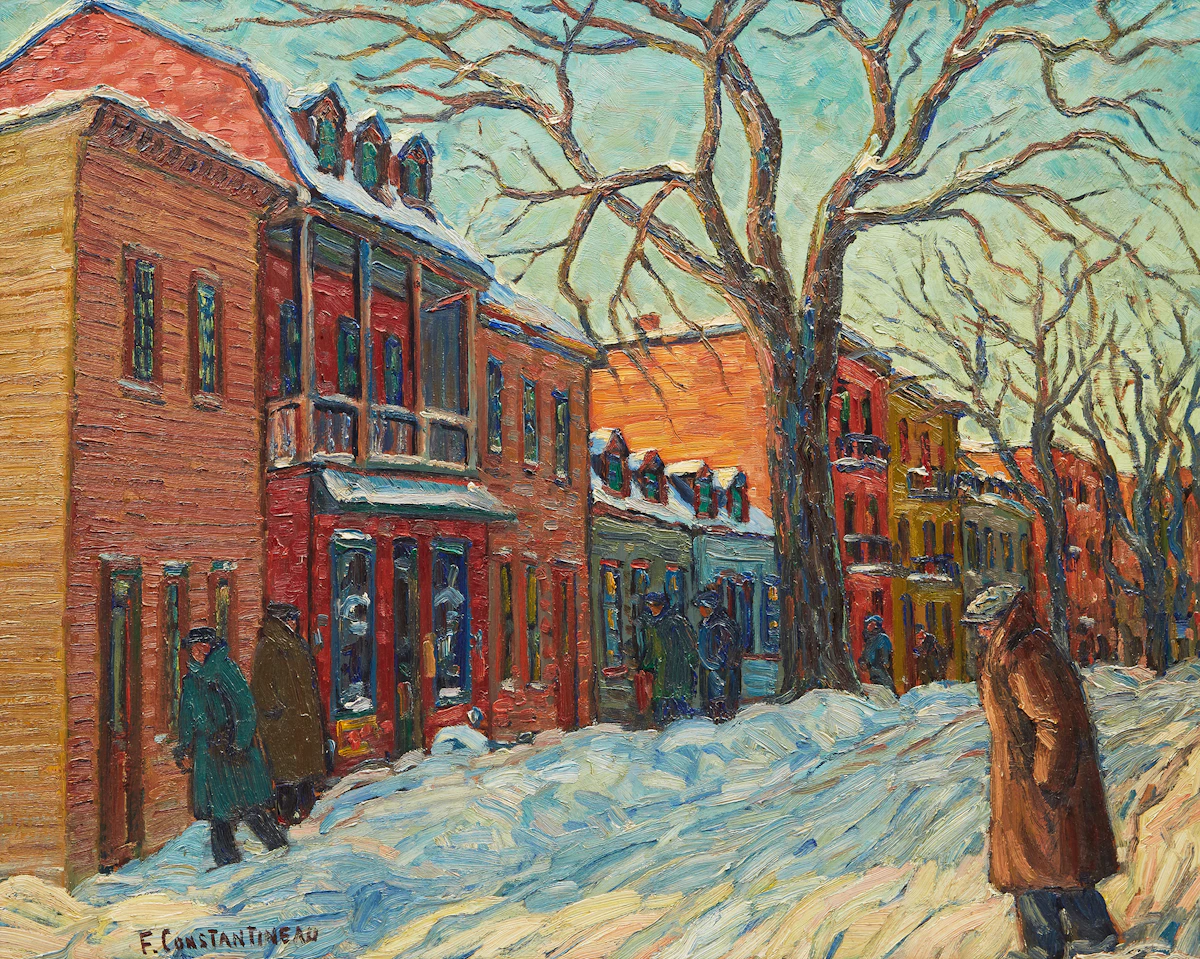 Fleurimond Constantineau, Rue Wolfe, Montréal P.Q., près Dorchester, oil on board, 1956