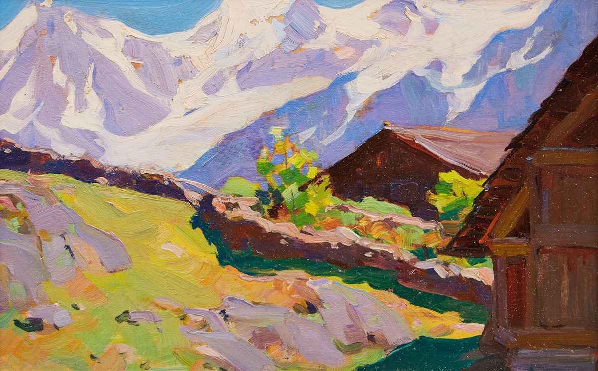 Clarence Alphonse Gagnon, Dans les Alpes, oil on board, 1926