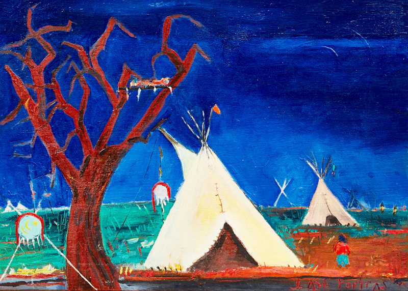 Jane Ash Poitras, Teepees and Tree, acrylic on board - view 1