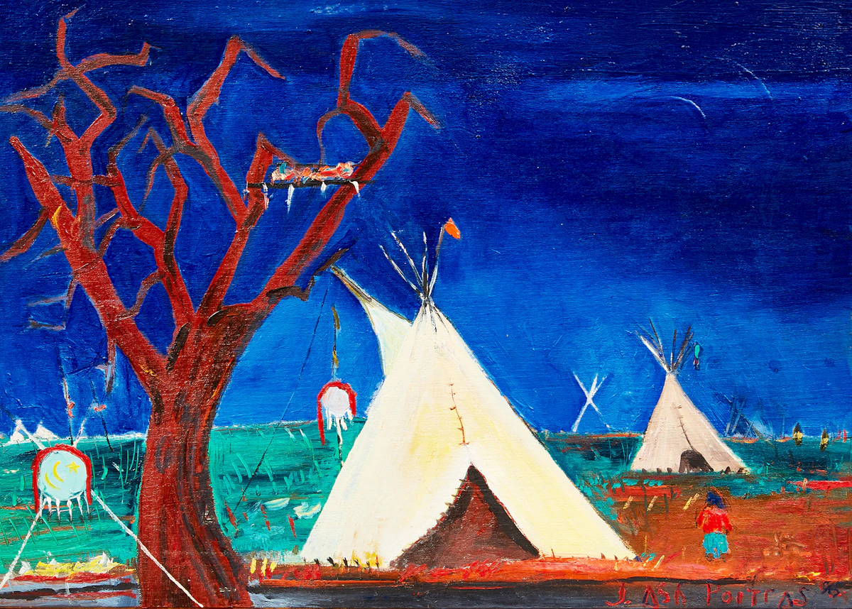 Jane Ash Poitras, Teepees and Tree, acrylic on board