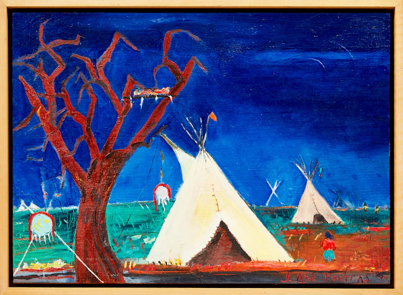 Jane Ash Poitras, Teepees and Tree, acrylic on board - view 2