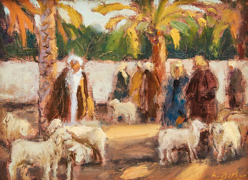 Antoine Bittar, The Thursday Market; Downtown Seville , two oil paintings on board