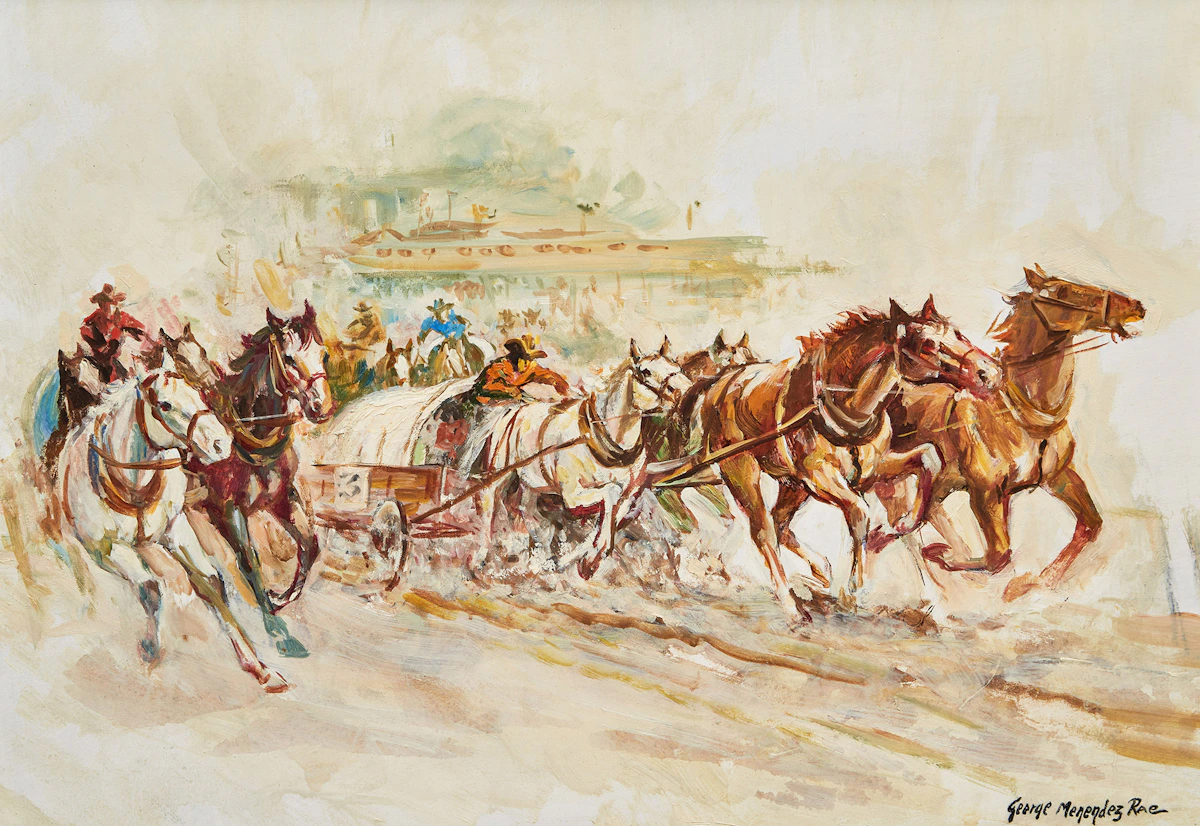 George Menendez Rae, Horse Races, oil on board