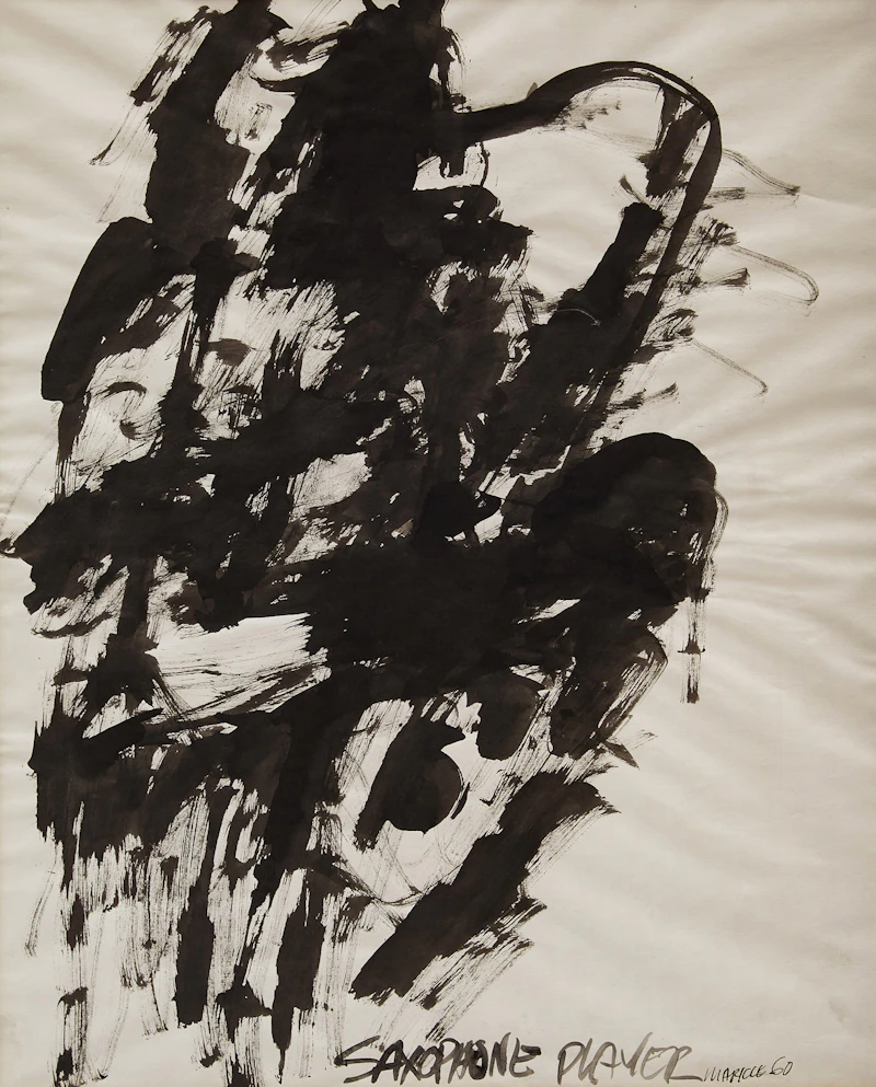 Robert Markle, Saxophone Player; Dancer, 2 ink drawings mounted to board - view 1