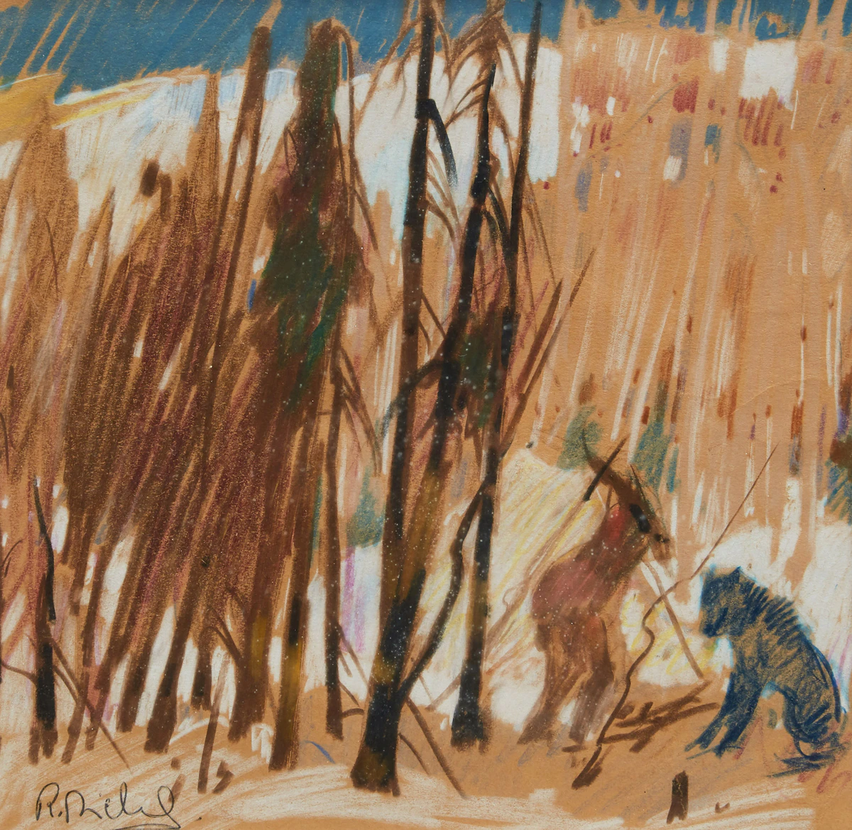 René Richard, Bucheron avec son chien, coloured pencil