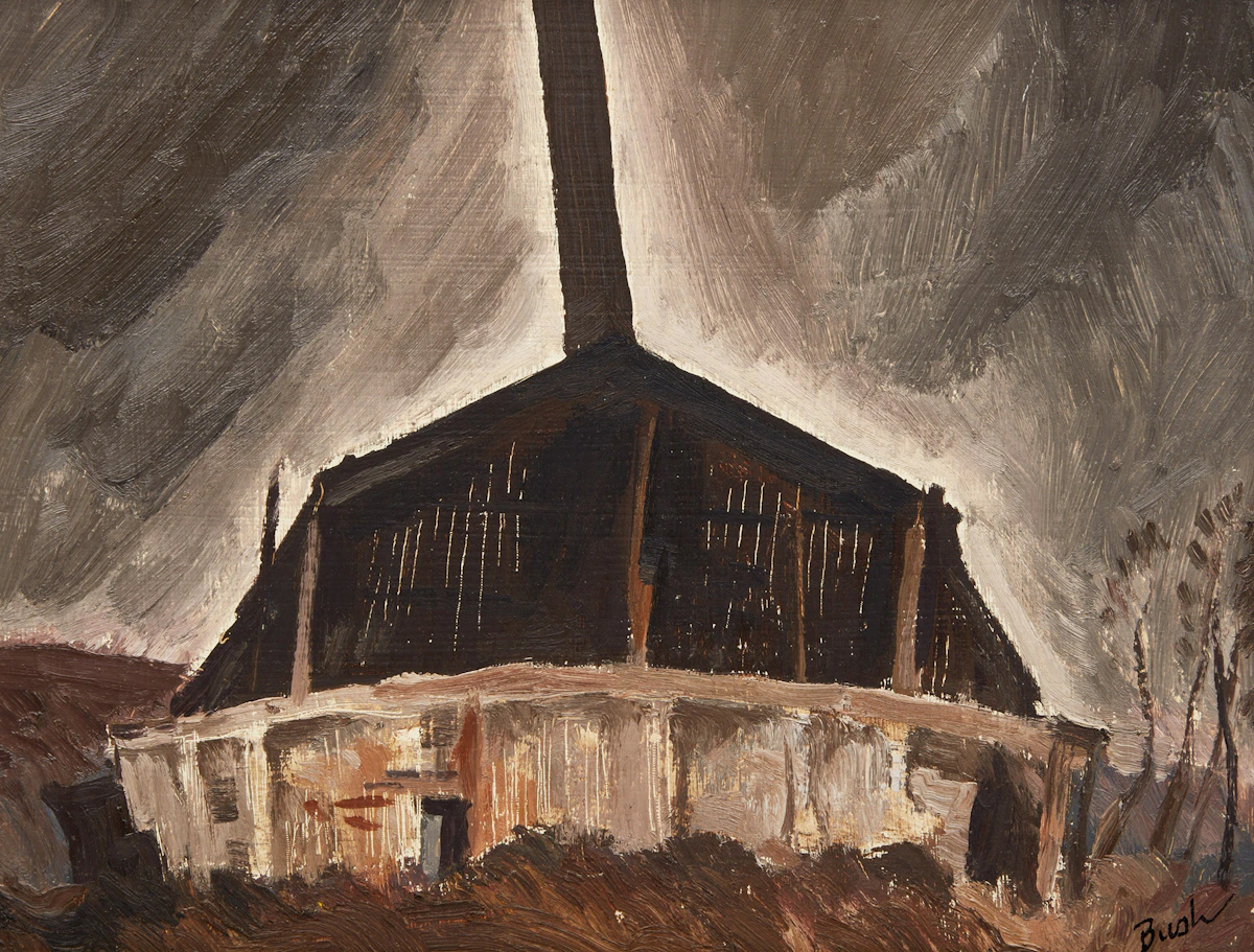 Jack Hamilton Bush, Old Lumber Mill (1944), oil on board, 1944