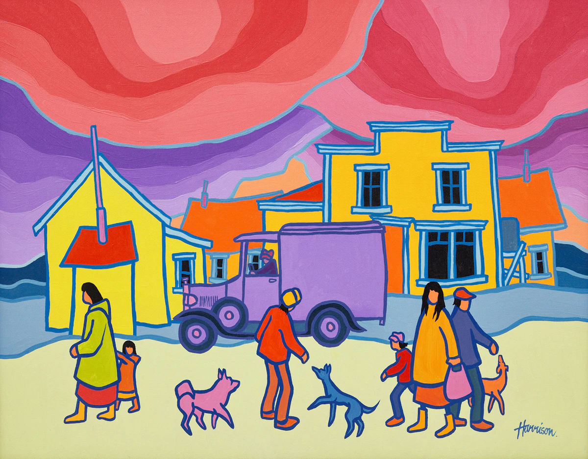 Ted Harrison, Delivery Day, acrylic on canvas, 1986