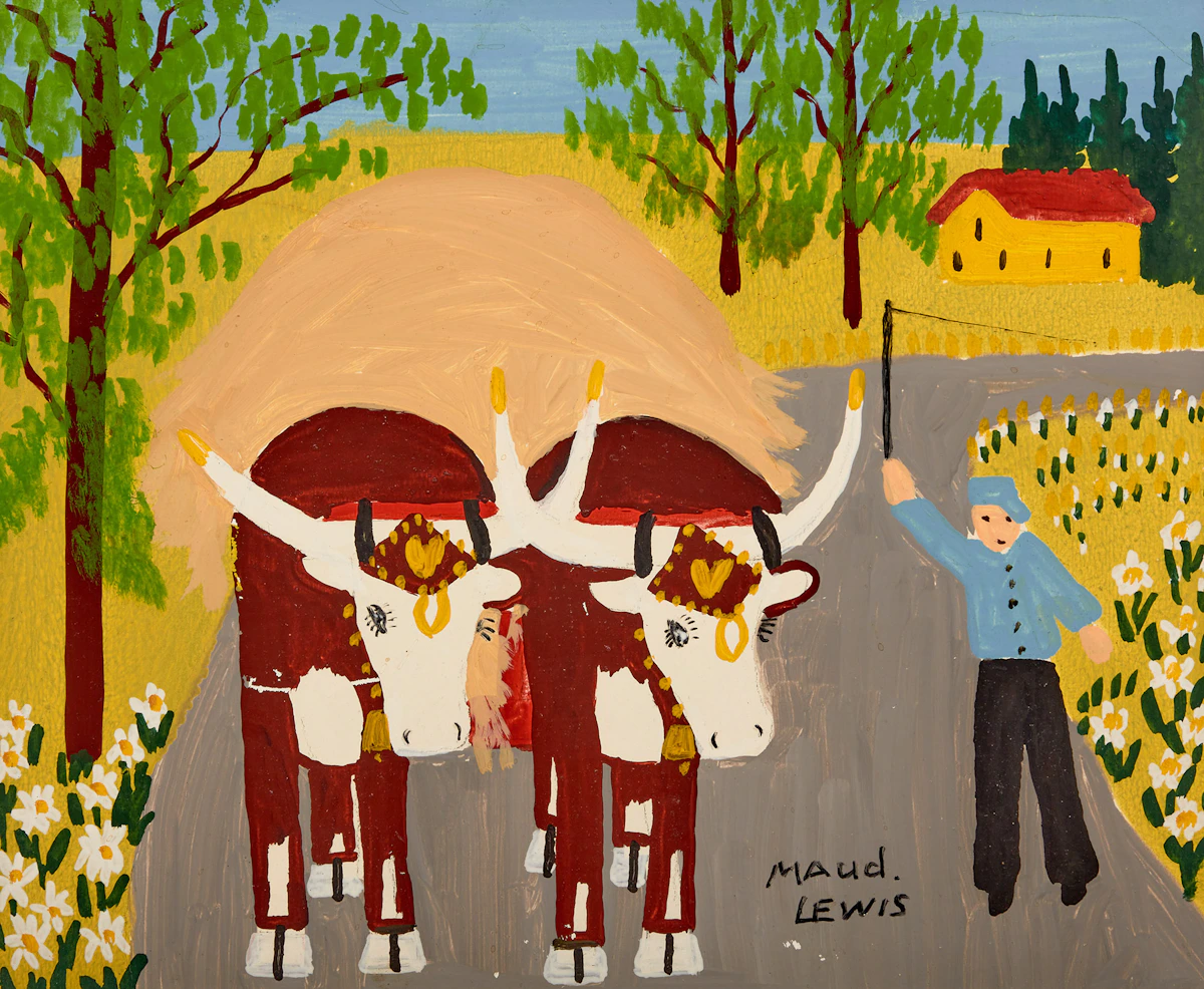 Maud Lewis, Two Oxen, mixed media on board, circa 1967