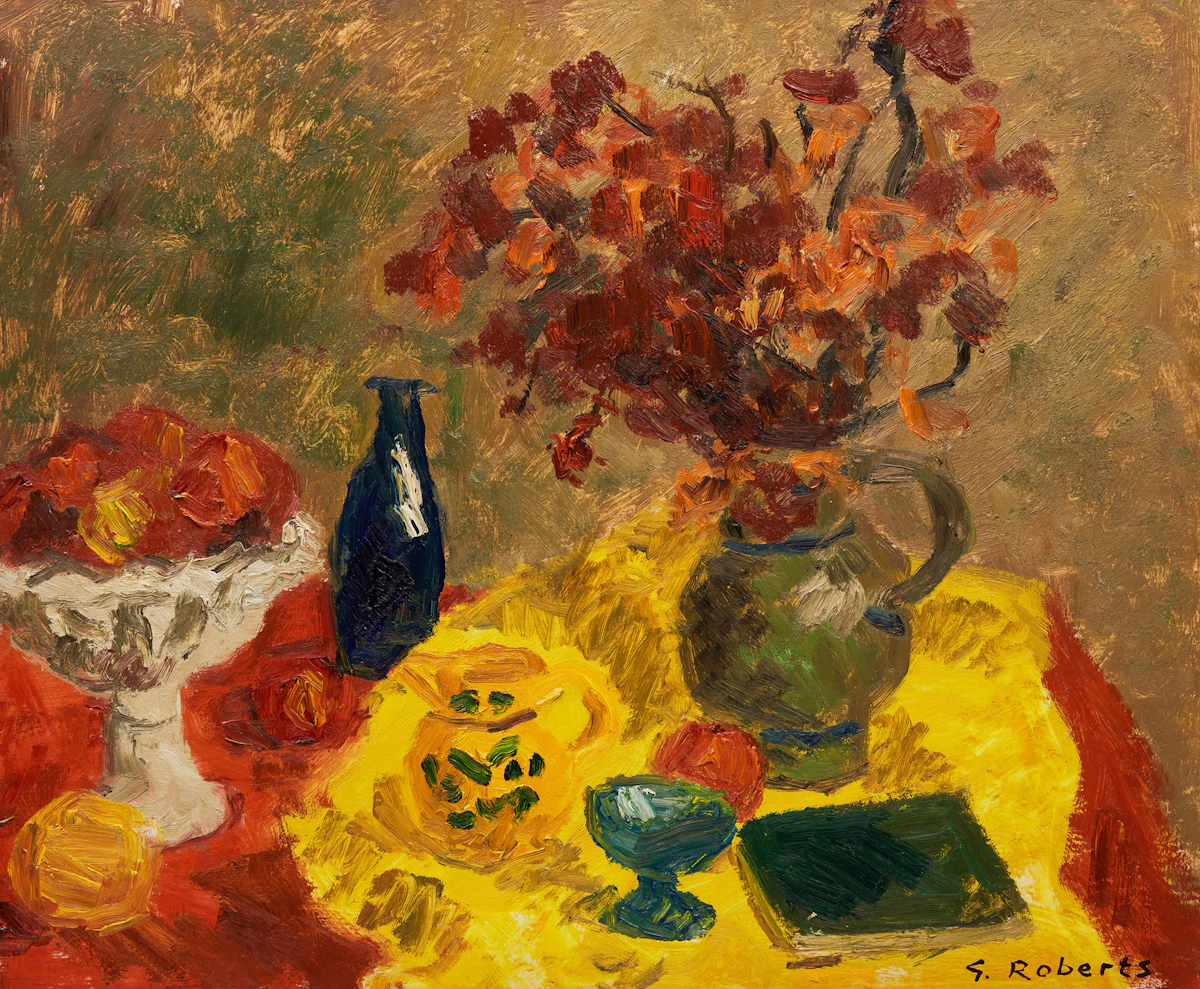 William Goodridge Roberts, Still Life with Red and Yellow Cloths, oil on board