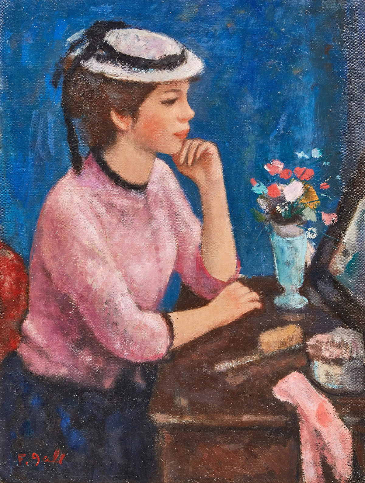 François Gall, Marie-Lize au chapeau blanc, juste un regard devant la coiffeuse, oil on canvas