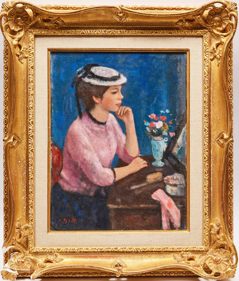 François Gall, Marie-Lize au chapeau blanc, juste un regard devant la coiffeuse, oil on canvas - view 2