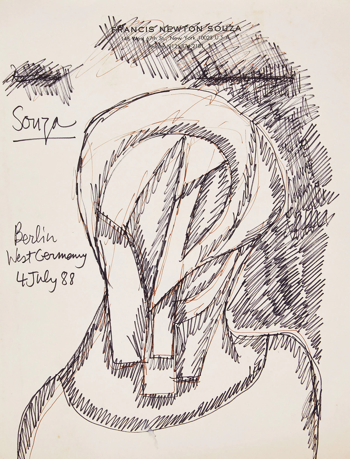 Francis Newton Souza, Untitled (Three-Quarter Length Portrait Head), ink on the artist’s letterhead, 1988