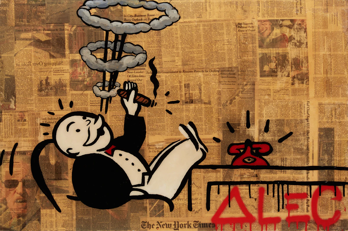 Alec Monopoly, Smoking Monopoly Man, mixed media on canvas