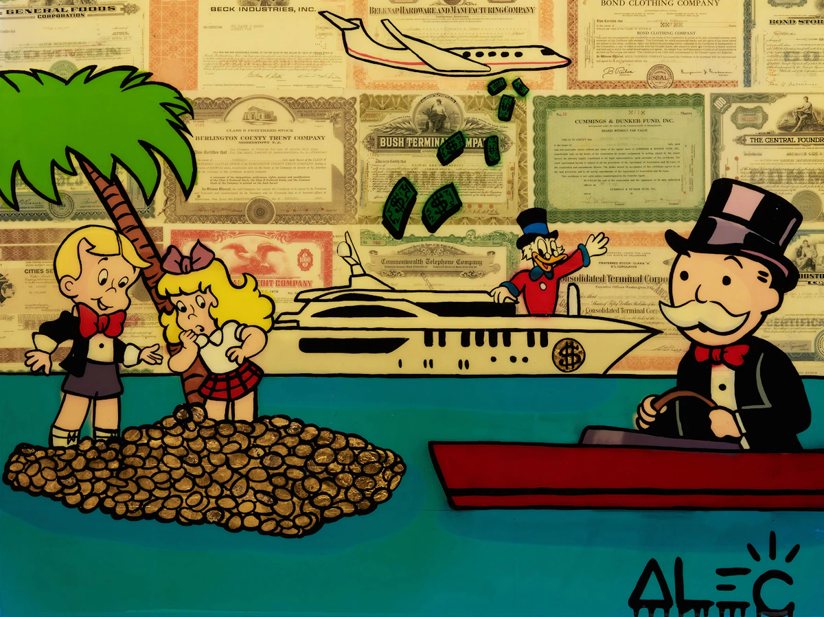 Alec Monopoly, Richie Rich with a Yacht, mixed media on board