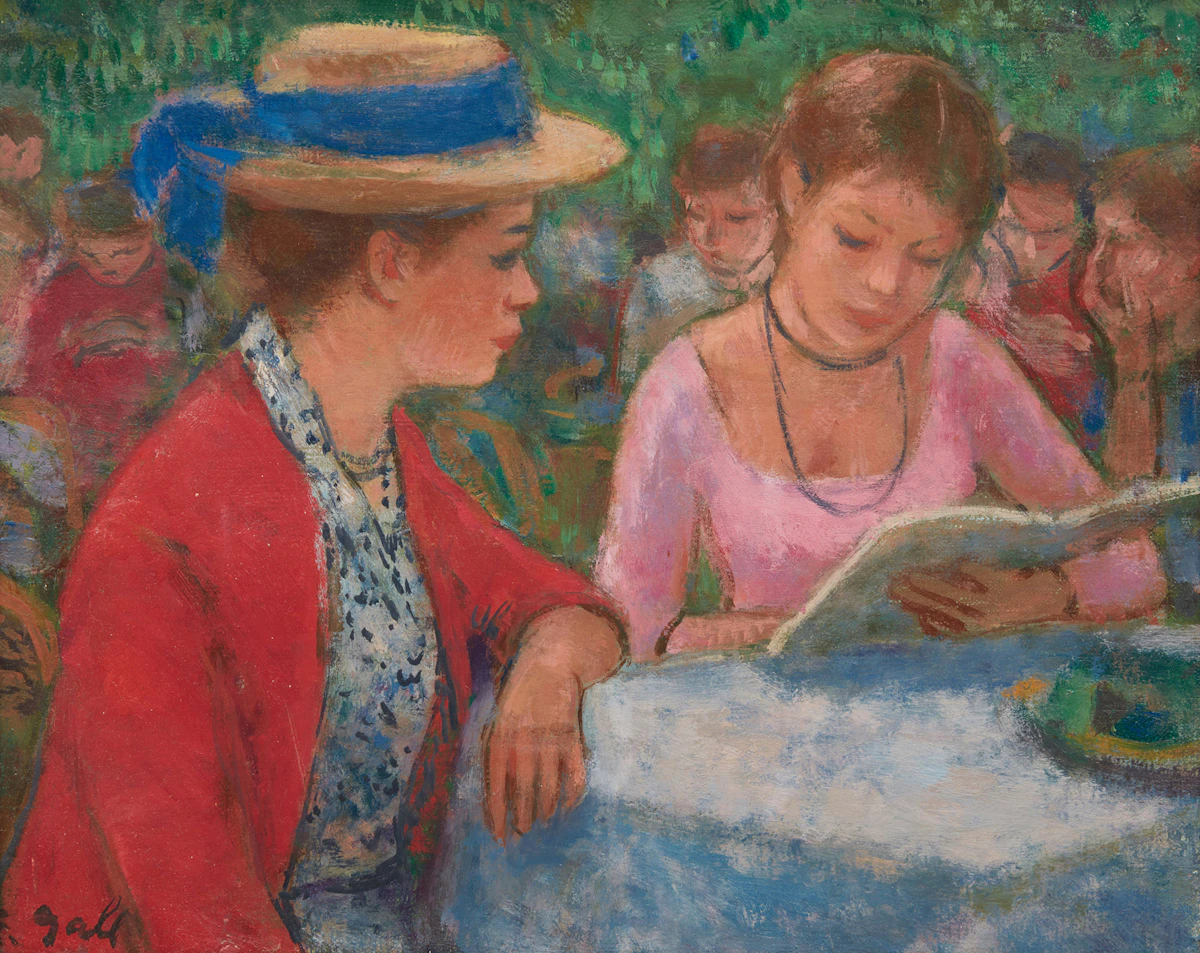François Gall, Eugénie et Elizabeth-Anne, lecture du menu champêtre à la terrasse, oil on canvas