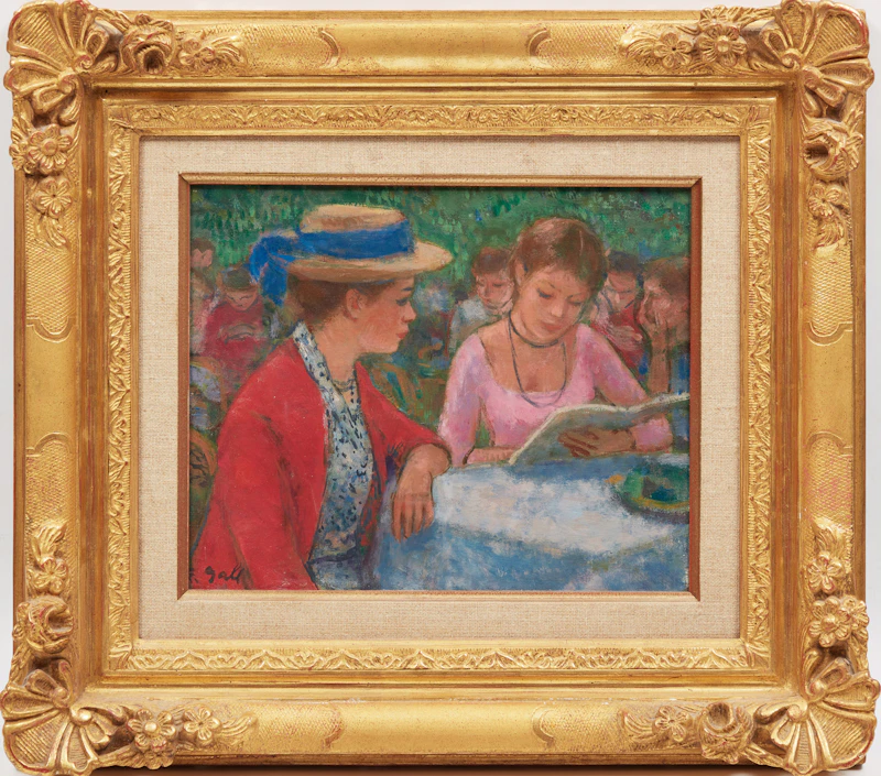 François Gall, Eugénie et Elizabeth-Anne, lecture du menu champêtre à la terrasse, oil on canvas - view 2