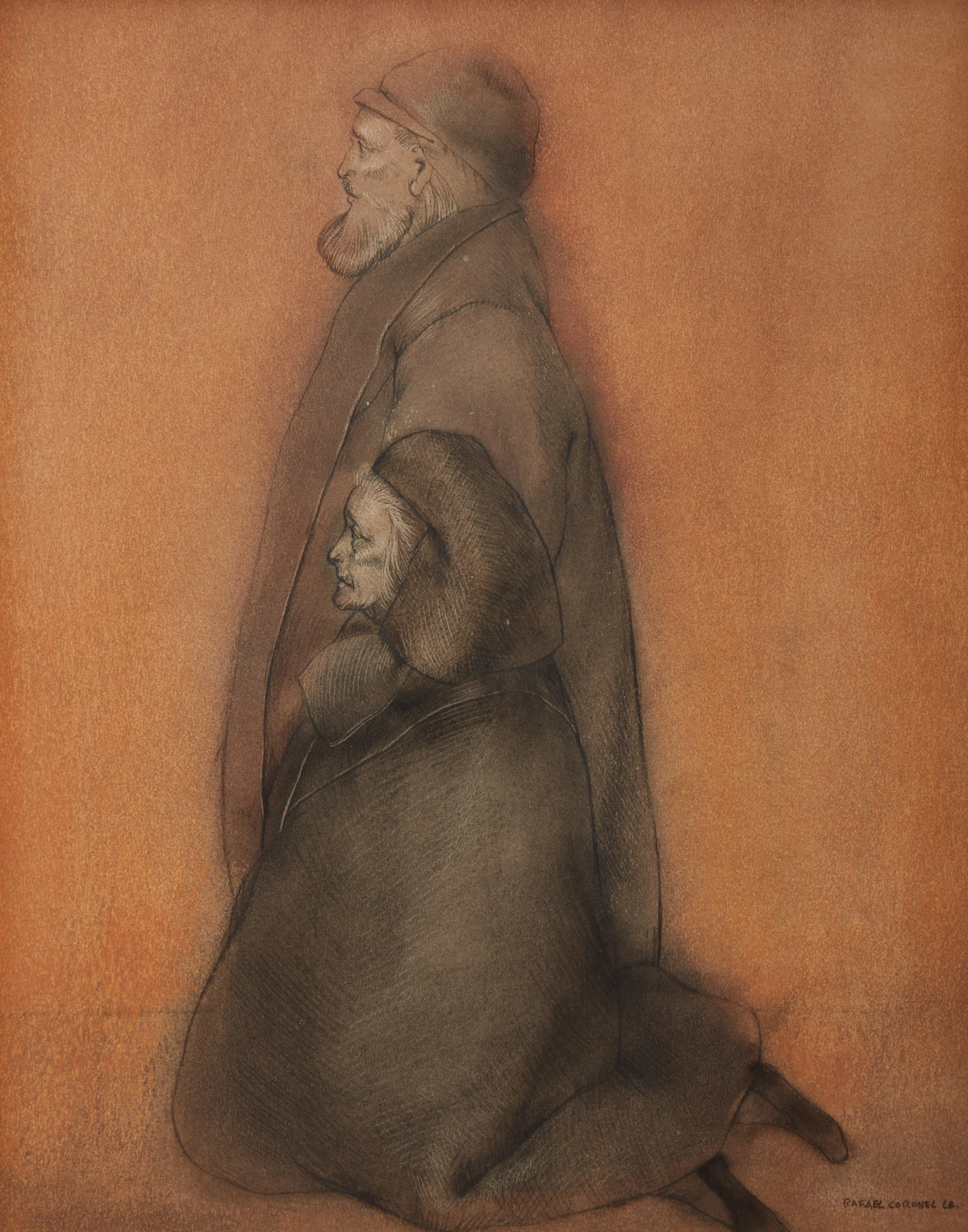 Rafael Coronel, Two Figures, graphite and chalk on paper, 1968