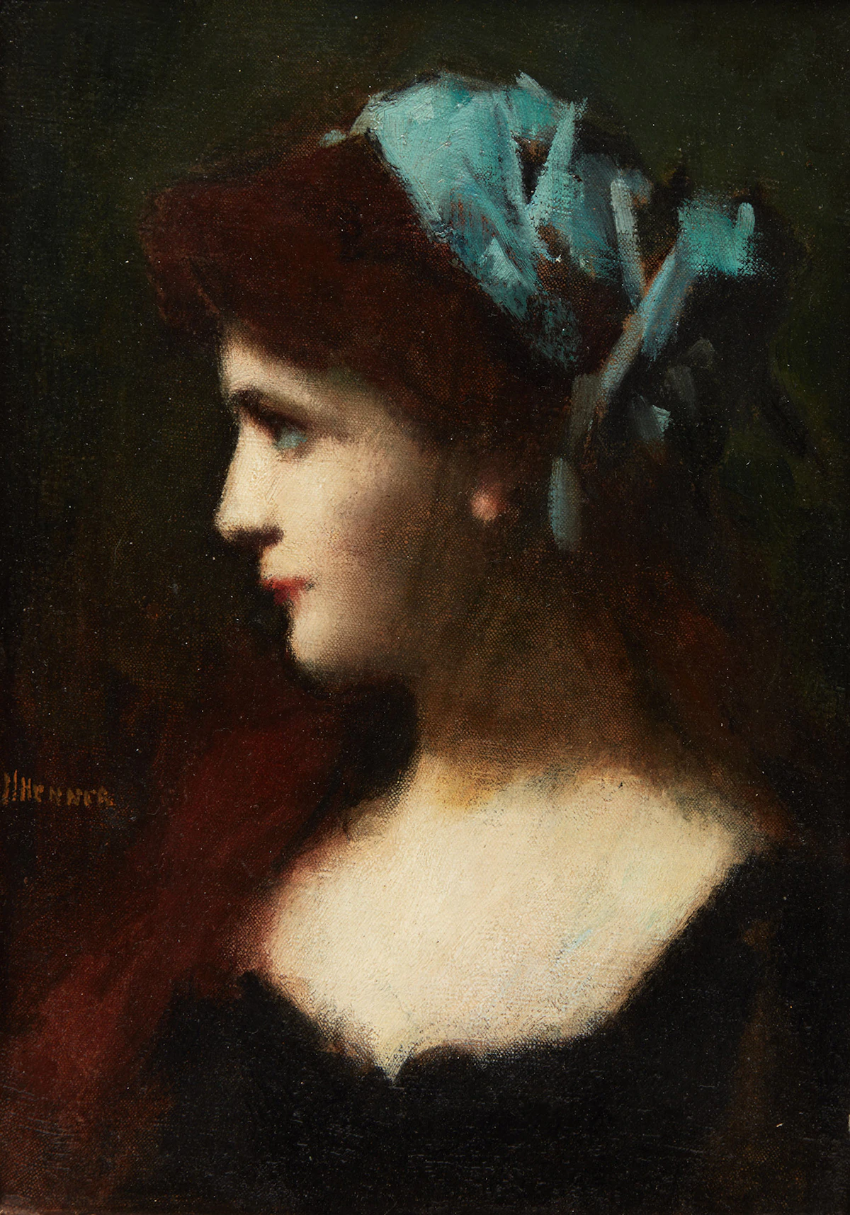 Jean Jacques Henner, Portrait of a Woman with a Blue Scarf, oil on canvas