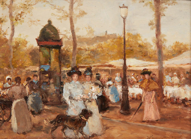Egisto Lancerotto, Promenade, deux dames et un chien, oil on board
