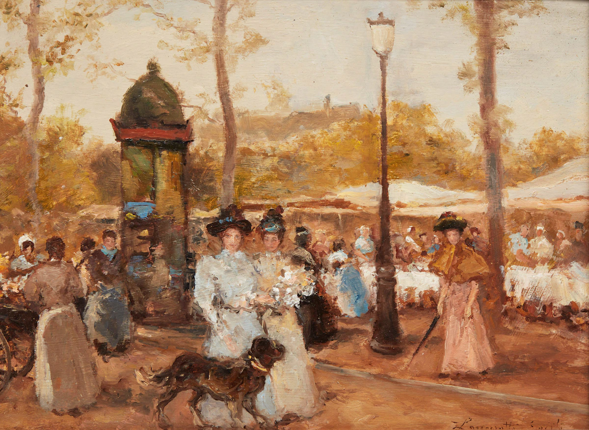 Egisto Lancerotto, Promenade, deux dames et un chien, oil on board