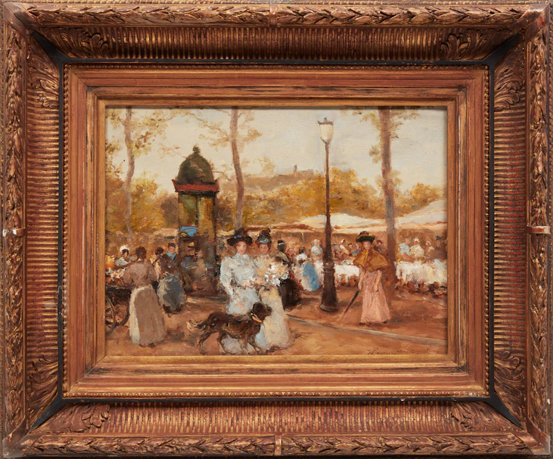 Egisto Lancerotto, Promenade, deux dames et un chien, oil on board - view 2