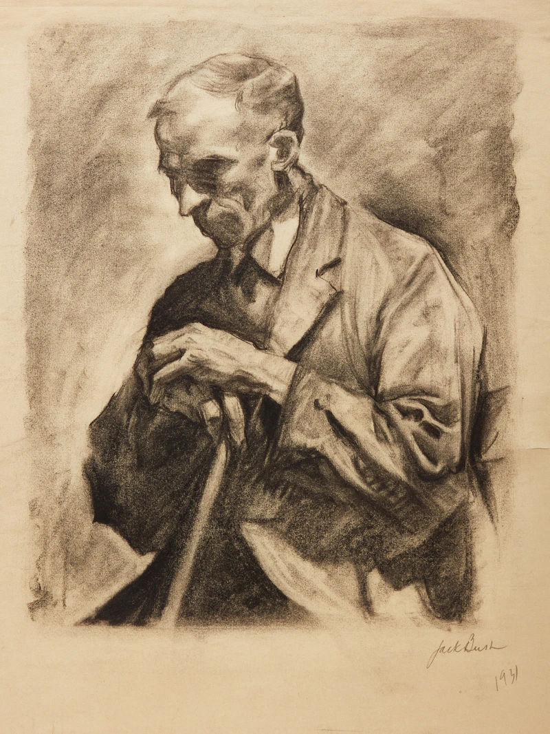 Jack Hamilton Bush, Man Seated, Leaning on a Cane, charcoal