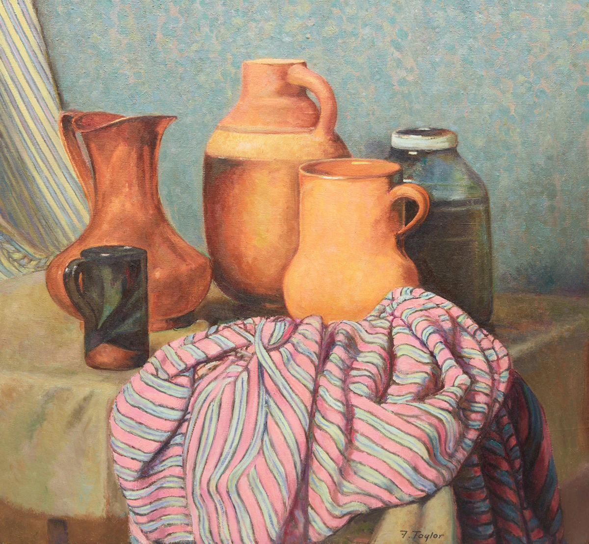 Frederick Bourchier Taylor, Pottery, Copper & Striped Material, oil on canvas, 1984