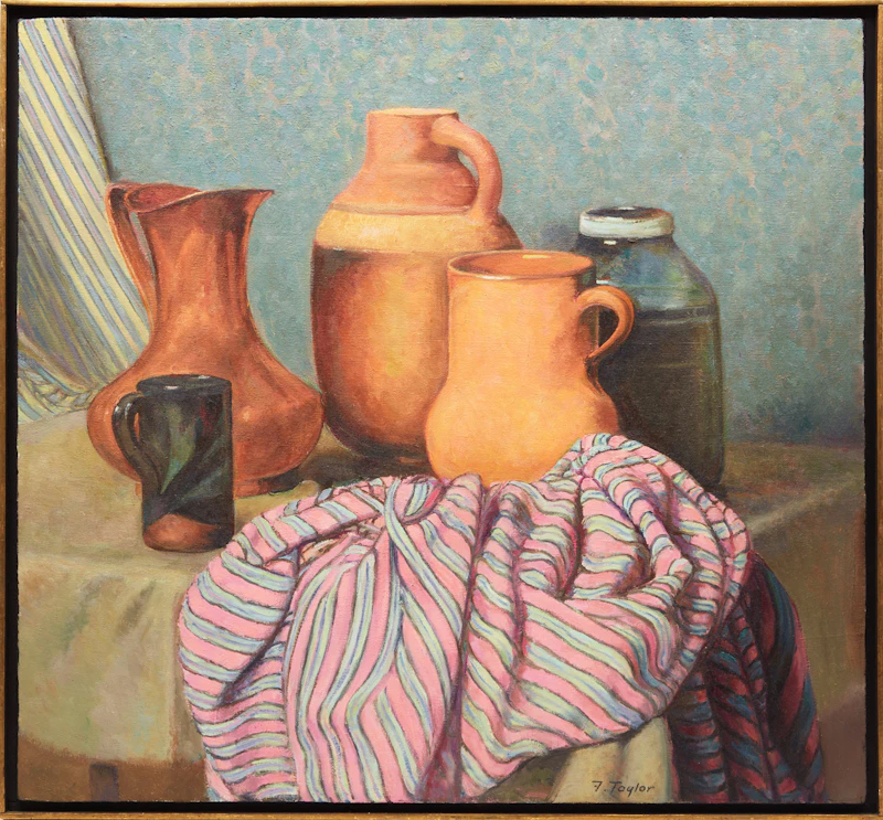 Frederick Bourchier Taylor, Pottery, Copper & Striped Material, oil on canvas, 1984 - view 2