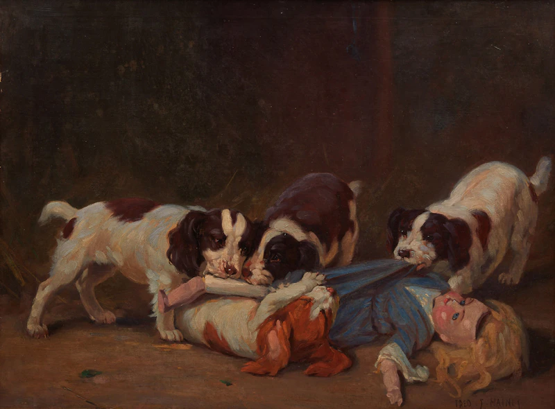 Frederick Stanley Haines, Untitled (Dogs Playing with a Doll), oil on masonite